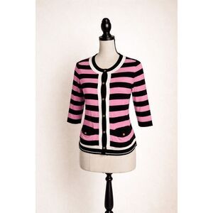 Designers Originals Cardigan Women’s Size LP Pink Black Striped Button Front